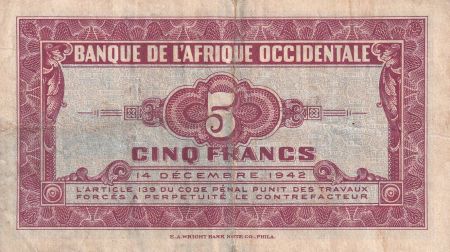 B A O 5 Francs - Africaine - 1942 - TB+ - Série P - P.28b
