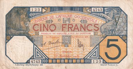 B A O 5 Francs - Dakar - 01-09-1932 - Série Z.4743 - P.5Bf