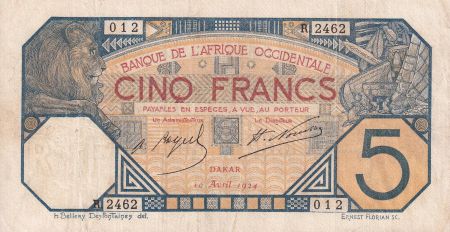 B A O 5 Francs - Dakar - 10-04-1924 - Série R 2462 - TTB - P.5Bb