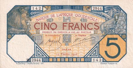 B A O 5 Francs - Dakar - 17-02-1926 - Série W.2944 - TTB+ - P.5Bc