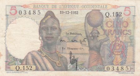 B A O 5 Francs  Femme, hommes en pirogue - 19-12-1952 - Série Q.152 - P.36 - TTB