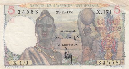 B A O 5 Francs  Femme, hommes en pirogue 21-11-1953 - Série X.171 - P.36 - TTB