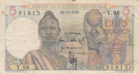B A O 5 Francs  Femme, hommes en pirogue 30-12-1949 - Série Y.98 - P.36 - pTTB
