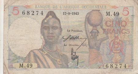B A O 5 Francs 1943 - Femme, hommes en pirogue - Série M.49