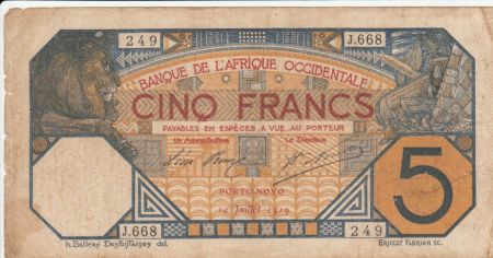 B A O 5 Francs Lion - Porto-Novo - 10-07-1919 Série J.668