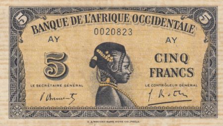 B A O 5 Francs Tête de femme - Série AY - 1942 - TTB