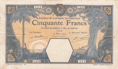 B A O 50 Francs Dakar  Eléphants - 14-03-1929 - P.9Bc - pTTB - Série C.232
