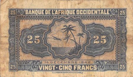 B A O BANQUE DE L\'AFRIQUE OCCIDENTALE - 25 FRANCS 14/12/1942