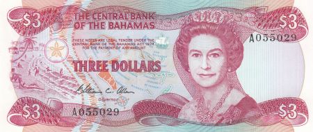 Bahamas 3 Dollars Elisabeth II, plage - Régatte - 1974 (1984) - Neuf - P.44