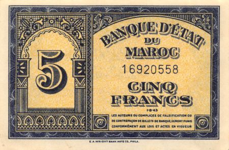 BANQUE D\'ETAT DU MAROC - 5 FRANCS 01-08-1943