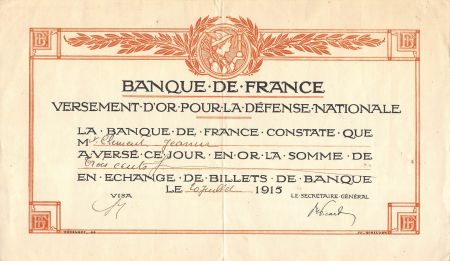 BANQUE DE FRANCE  DEFENSE NATIONALE - BON DE VERSEMENT OR 1915