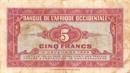 BANQUE DE L\'AFRIQUE OCCIDENTALE - 5 FRANCS 14-12-1942