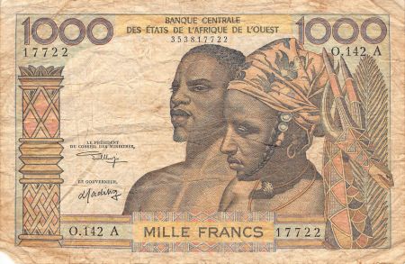 BANQUE DES ETATS DE L\'AFRIQUE DE L\'OUEST  CÔTE D\'IVOIRE - 1000 FRANCS 1956 / 1965 - B+