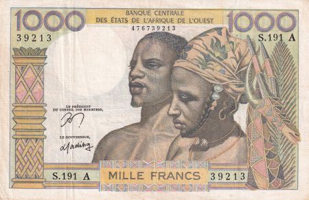BCEAO 1000 Francs - Couple africains - Fleuve - ND (1978-79)- Lettre A (Côte d\'Ivoire) - Série S.191 - P.103Am