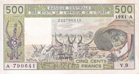 BCEAO 500 Francs - Veil homme et zébus - 1981 - Lettre A (Côte-d\'Ivoire) - Série Y.9 - P.106Ac