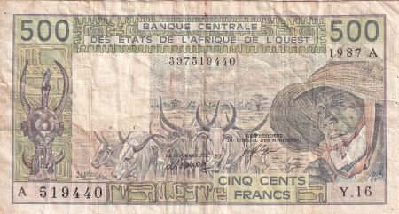 BCEAO 500 Francs - Veil homme et zébus - 1987 - Lettre A (Côte-d\'Ivoire) - Série Y.16 - P.106Ak