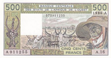 BCEAO 500 Francs - Vieil homme et zébus - Lettre A (Côte d\'Ivoire) 1986 - Série A.16 - P.106aJ
