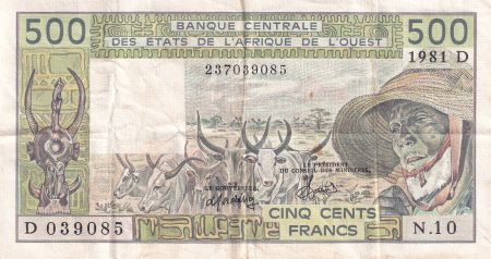 BCEAO 500 Francs - Vieil homme et zébus - Lettre D (Mali) 1981 - Série N.10 - P.405Db