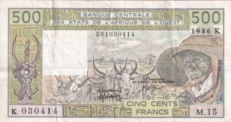 BCEAO 500 Francs - Vieil homme et zébus - Lettre K (Sénégal) 1986 - Série M.15 - P.706Ki