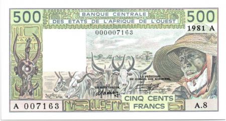 BCEAO 500 Francs Côte d\'Ivoire - Veil homme et zébus - 1981 Série A.8 - 7163