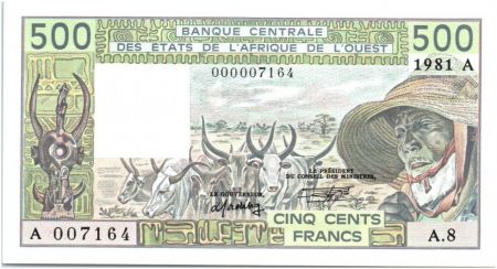 BCEAO 500 Francs Côte d\'Ivoire - Veil homme et zébus - 1981 Série A.8 - 7164