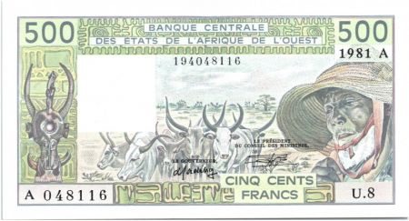 BCEAO 500 Francs Côte d\'Ivoire - Veil homme et zébus - 1981 Série U.8