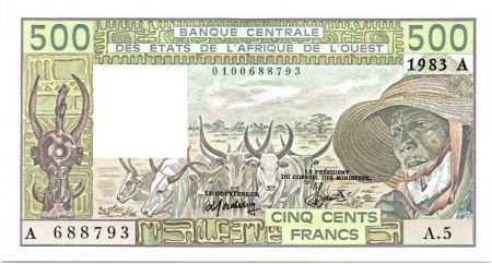 BCEAO 500 Francs Côte d\'Ivoire - Veil homme et zébus - 1983 Série A.5