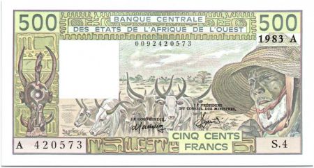 BCEAO 500 Francs Côte d\'Ivoire - Veil homme et zébus - 1983 Série S.4