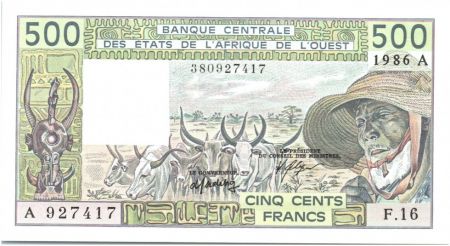 BCEAO 500 Francs Côte d\'Ivoire - Veil homme et zébus - 1986 Série F.16