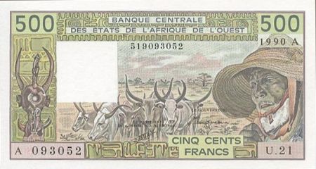 BCEAO 500 Francs Côte d\'Ivoire - Veil homme et zébus - 1990 Série U.21
