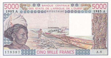 BCEAO 5000 Francs 1985 - Pirogues de pêche - Bateaux - Série A.8 - NEUF - P.108An