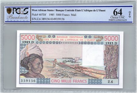 BCEAO 5000 Francs Mali - Pirogues de pêche - 1985 - PCGS UNC 64 OPQ