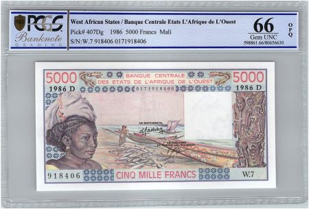 BCEAO 5000 Francs Mali - Pirogues de pêche - 1986 - PCGS UNC 66 OPQ