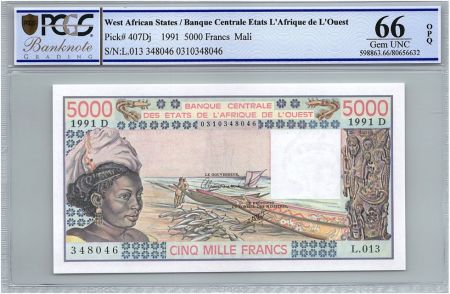 BCEAO 5000 Francs Mali - Pirogues de pêche - 1991 - PCGS UNC 66 OPQ