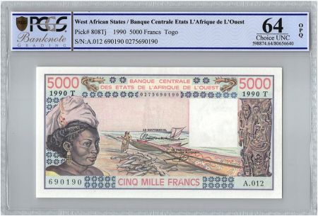 BCEAO 5000 Francs Togo - Pirogues de pêche - 1990 - Série A.012 - PCGS UNC 64 OPQ
