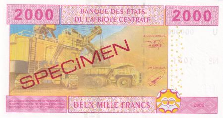 BEAC 2000 Francs 2002 - Jeune femme, barrage, carrière  - U = Cameroun - Spécimen