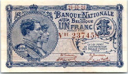 Belgique 1 Franc Roi Albert et Reine Elisabeth - 25/03/1920