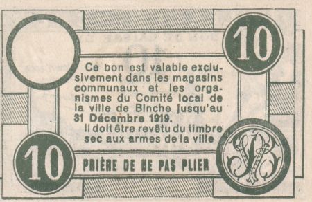 Belgique 10 Centimes - Ville de Binche - Bon de Caisse - 1918