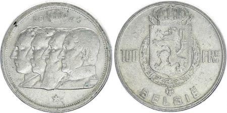 Belgique 100 Francs - 4 Rois - 1949 - Argent - TTB - Texte néerlandais