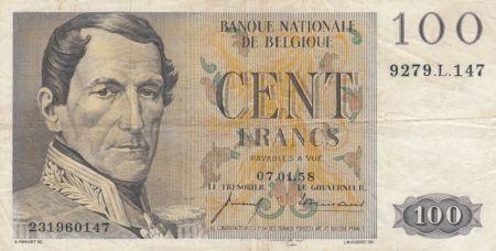 Belgique 100 Francs Leopold I - 07-01-1958 - TTB - P.129c