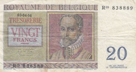 Belgique 20 Francs 03-04-1956 - R. De Lassus, P. De Monte