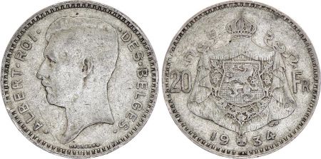 Belgique 20 Francs Albert I - 1934 - Argent - Légende en Français