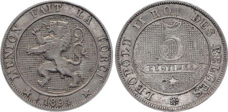 Belgique 5 Centimes, Léopold II - Lion - 1894