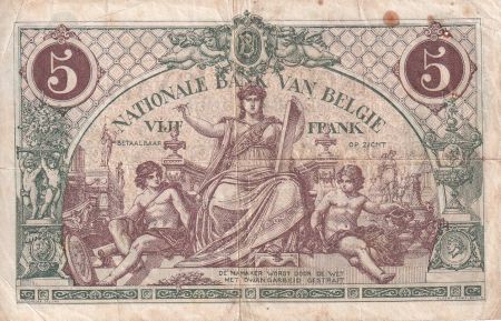 Belgique 5 Francs - Allégorie - 01-07-1914 - Lettre D - P.75