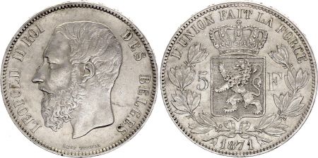 Belgique 5 Francs,  Leopold  II  - 1871