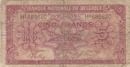 Belgique 5 Francs 1943 - Rouge - Série H1