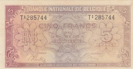 Belgique 5 Francs 1943 - Rouge - Série T1