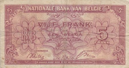Belgique 5 Francs 1943 - Rouge - Séries variées