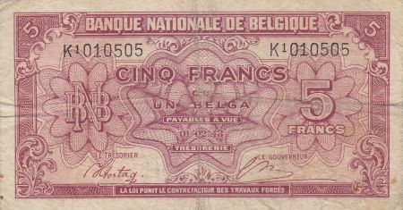 Belgique 5 Francs 1943 - Rouge - Séries variées