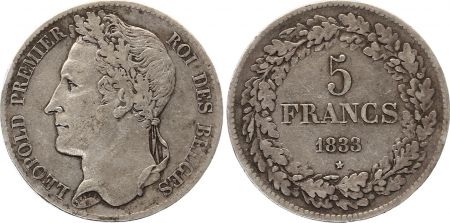 Belgique 5 Francs Leopold I - 1833 - 2 em ex